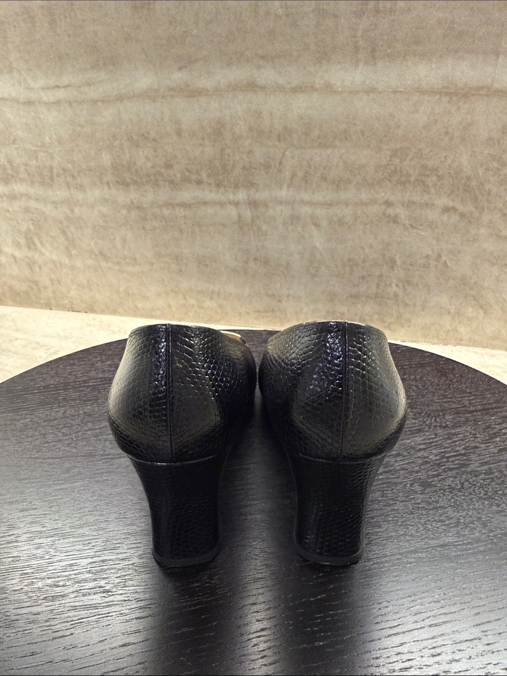 Salvatore Ferragamo Black Textured Leather Loafers with Gold Buckle - Picture 3 of 6